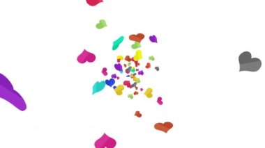 Birçok renkli kalp beyaz arka planda havada süzülüyor. Kalp simgeleri patlama illüstrasyonu. Çocukluk eğitimi konsepti. 3B döngü canlandırması.