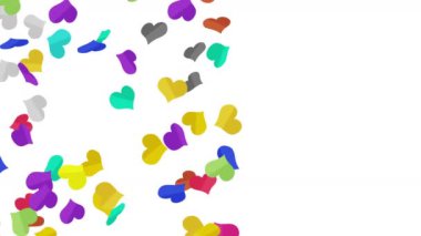 Birçok renkli kalp beyaz arka planda havada süzülüyor. Kalp simgeleri patlama illüstrasyonu. Çocukluk eğitimi konsepti. 3B döngü canlandırması.