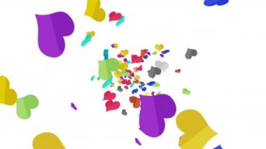 Birçok renkli kalp beyaz arka planda havada süzülüyor. Kalp simgeleri patlama illüstrasyonu. Çocukluk eğitimi konsepti. 3B döngü canlandırması.