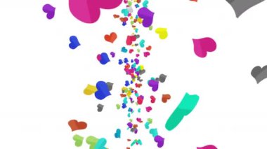 Birçok renkli kalp beyaz arka planda havada süzülüyor. Kalp simgeleri patlama illüstrasyonu. Çocukluk eğitimi konsepti. 3B döngü canlandırması.