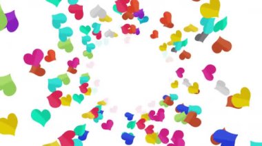 Birçok renkli kalp beyaz arka planda havada süzülüyor. Kalp simgeleri patlama illüstrasyonu. Çocukluk eğitimi konsepti. 3B döngü canlandırması.