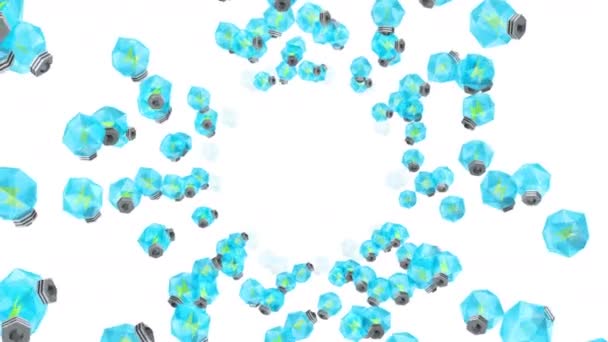 Много Синей Лампочки Плавающей Воздухе Белом Фоне Концепция Творчества Полигон — стоковое видео