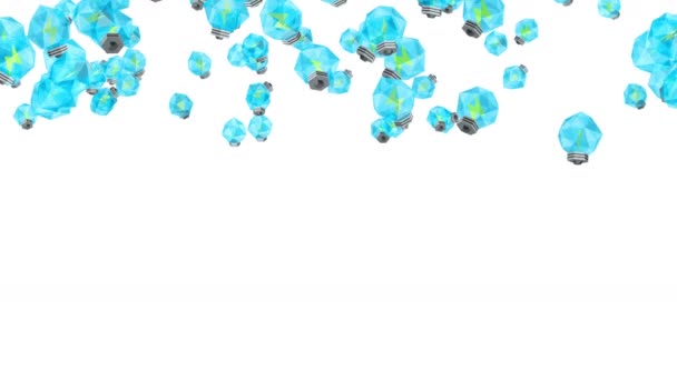 Багато Блакитних Лампочок Плавають Повітрі Білому Тлі Концепція Креативності Багатокутник — стокове відео