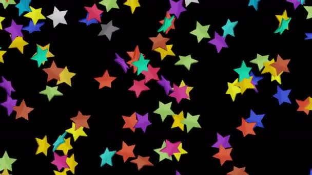 Many Colorful Stars Floating Air Black Background Star Icons Explosion — Stock Video