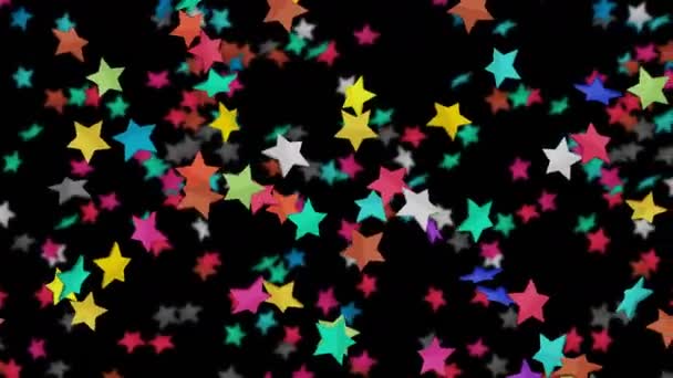 Muitas Estrelas Coloridas Flutuando Sobre Fundo Preto Icones Estrelas Ilustração — Vídeo de Stock