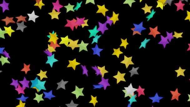 Muchas Estrellas Colores Flotando Aire Sobre Fondo Negro Ilustración Explosión — Vídeo de stock