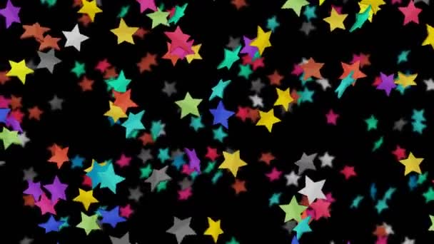 许多五彩斑斓的星星在黑色的背景上漂浮在空中 明星图标爆炸的例证 儿童教育概念 3D循环动画 — 图库视频影像