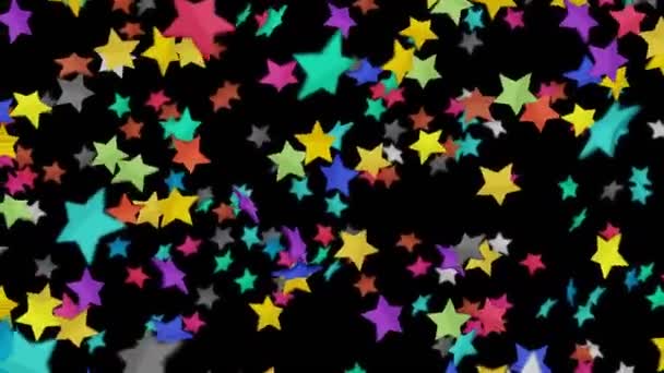 Muchas Estrellas Colores Flotando Aire Sobre Fondo Negro Ilustración Explosión — Vídeos de Stock