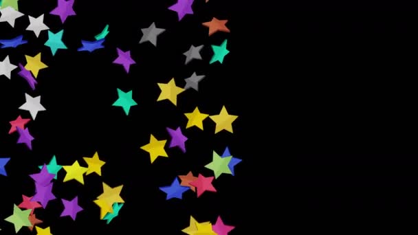 Πολλά Πολύχρωμα Αστέρια Αιωρούνται Στον Αέρα Μαύρο Φόντο Εικονογράφηση Έκρηξης — Αρχείο Βίντεο
