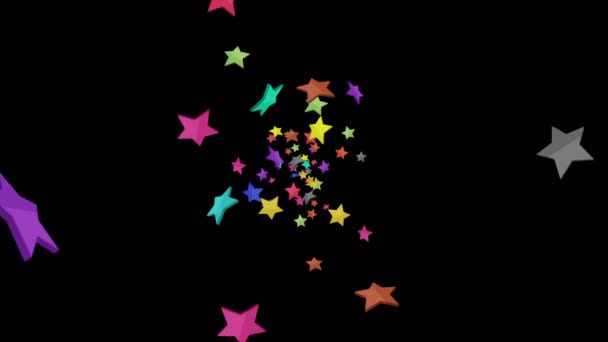 Muchas Estrellas Colores Flotando Aire Sobre Fondo Negro Ilustración Explosión — Vídeos de Stock