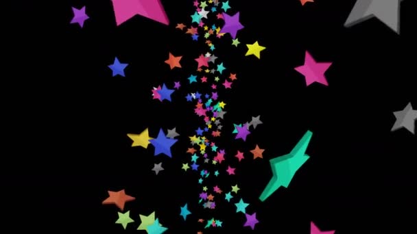 Muchas Estrellas Colores Flotando Aire Sobre Fondo Negro Ilustración Explosión — Vídeos de Stock