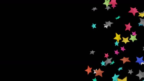 Viele Bunte Sterne Schweben Der Luft Auf Schwarzem Hintergrund Sternensymbole — Stockvideo