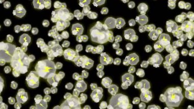 Birçok ampul siyah arka planda havada yüzüyor. Yaratıcılık konsepti. Parlayan ampulün üç boyutlu çokgen çizimi. Döngü canlandırması.