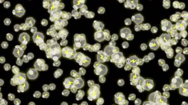 Birçok ampul siyah arka planda havada yüzüyor. Yaratıcılık konsepti. Parlayan ampulün üç boyutlu çokgen çizimi. Döngü canlandırması.