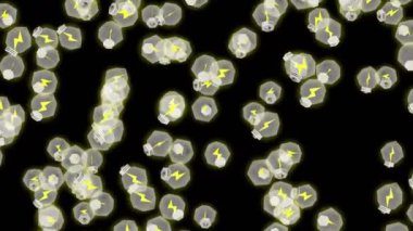 Birçok ampul siyah arka planda havada yüzüyor. Yaratıcılık konsepti. Parlayan ampulün üç boyutlu çokgen çizimi. Döngü canlandırması.