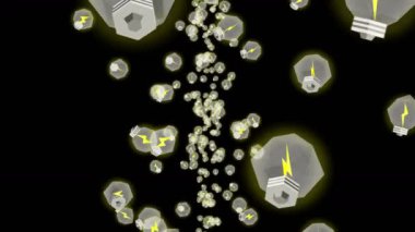 Birçok ampul siyah arka planda havada yüzüyor. Yaratıcılık konsepti. Parlayan ampulün üç boyutlu çokgen çizimi. Döngü canlandırması.