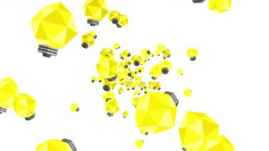 Birçok ampul beyaz arka planda havada yüzüyor. Yaratıcılık konsepti. Parlayan ampulün üç boyutlu çokgen çizimi. Döngü canlandırması.