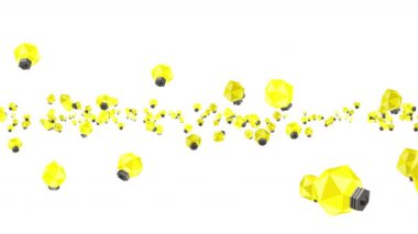 Birçok ampul beyaz arka planda havada yüzüyor. Yaratıcılık konsepti. Parlayan ampulün üç boyutlu çokgen çizimi. Döngü canlandırması.