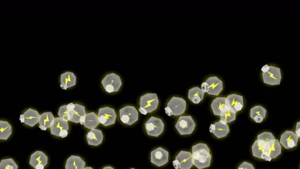 许多灯泡在黑色背景上漂浮在空气中 创意概念 发光灯泡的三维多边形图解 循环动画 — 图库视频影像