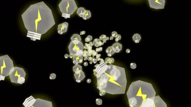 黒い背景に空気中に浮かぶ多くの電球 創造性の概念 光る電球の3Dポリゴンイラスト ループアニメーション — ストック動画