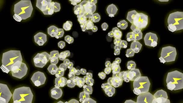 黒い背景に空気中に浮かぶ多くの電球 創造性の概念 光る電球の3Dポリゴンイラスト ループアニメーション — ストック動画