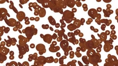 Birçok koyu kahverengi dikiş düğmesi beyaz arka planda havada yüzüyor. İş bağlantısı konsepti. Parlak ahşap düğme. 3B döngü canlandırması.