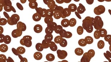 Birçok koyu kahverengi dikiş düğmesi beyaz arka planda havada yüzüyor. İş bağlantısı konsepti. Parlak ahşap düğme. 3B döngü canlandırması.