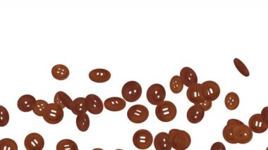 Birçok koyu kahverengi dikiş düğmesi beyaz arka planda havada yüzüyor. İş bağlantısı konsepti. Parlak ahşap düğme. 3B döngü canlandırması.