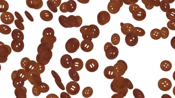 Many Dark Brown Sewing Buttons Floating Air White Background Business — 图库视频影像