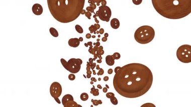 Birçok koyu kahverengi dikiş düğmesi beyaz arka planda havada yüzüyor. İş bağlantısı konsepti. Parlak ahşap düğme. 3B döngü canlandırması.