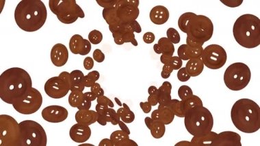 Birçok koyu kahverengi dikiş düğmesi beyaz arka planda havada yüzüyor. İş bağlantısı konsepti. Parlak ahşap düğme. 3B döngü canlandırması.