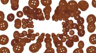 Birçok koyu kahverengi dikiş düğmesi beyaz arka planda havada yüzüyor. İş bağlantısı konsepti. Parlak ahşap düğme. 3B döngü canlandırması.