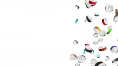 Beyaz arka planda havada yüzen bir sürü renkli yiyecek kutusu var. Gümüş kutu. Yemek konsepti. Et ve balık. 3B döngü canlandırması.