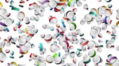 Beyaz arka planda havada yüzen bir sürü renkli yiyecek kutusu var. Gümüş kutu. Yemek konsepti. Et ve balık. 3B döngü canlandırması.