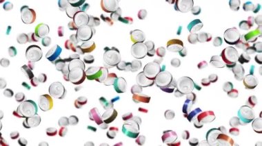 Beyaz arka planda havada yüzen bir sürü renkli yiyecek kutusu var. Gümüş kutu. Yemek konsepti. Et ve balık. 3B döngü canlandırması.