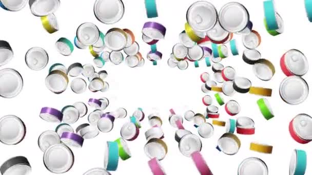 许多色彩艳丽的食物罐在白色的背景上漂浮在空中 食物概念 肉和鱼 3D循环动画 — 图库视频影像