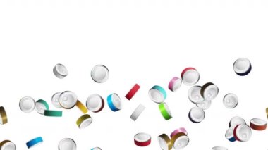 Beyaz arka planda havada yüzen bir sürü renkli yiyecek kutusu var. Gümüş kutu. Yemek konsepti. Et ve balık. 3B döngü canlandırması.