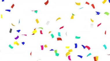 Birçok renkli konfeti beyaz arka planda havada yüzüyor. Parti konsepti. Dikdörtgen kağıt. 3B döngü canlandırması.