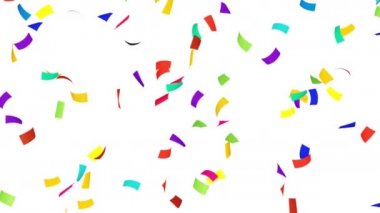 Birçok renkli konfeti beyaz arka planda havada yüzüyor. Parti konsepti. Dikdörtgen kağıt. 3B döngü canlandırması.