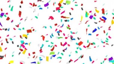 Birçok renkli konfeti beyaz arka planda havada yüzüyor. Parti konsepti. Dikdörtgen kağıt. 3B döngü canlandırması.