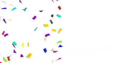 Birçok renkli konfeti beyaz arka planda havada yüzüyor. Parti konsepti. Dikdörtgen kağıt. 3B döngü canlandırması.