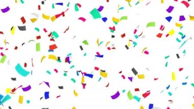 Birçok renkli konfeti beyaz arka planda havada yüzüyor. Parti konsepti. Dikdörtgen kağıt. 3B döngü canlandırması.