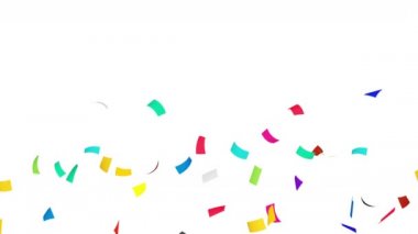 Birçok renkli konfeti beyaz arka planda havada yüzüyor. Parti konsepti. Dikdörtgen kağıt. 3B döngü canlandırması.
