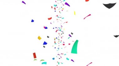 Birçok renkli konfeti beyaz arka planda havada yüzüyor. Parti konsepti. Dikdörtgen kağıt. 3B döngü canlandırması.