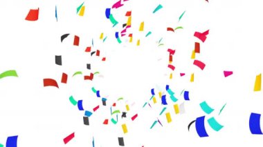 Birçok renkli konfeti beyaz arka planda havada yüzüyor. Parti konsepti. Dikdörtgen kağıt. 3B döngü canlandırması.