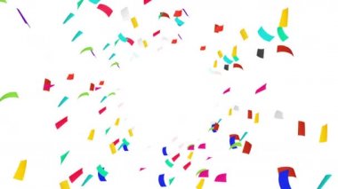 Birçok renkli konfeti beyaz arka planda havada yüzüyor. Parti konsepti. Dikdörtgen kağıt. 3B döngü canlandırması.