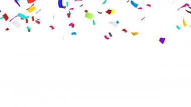 Birçok renkli konfeti beyaz arka planda havada yüzüyor. Parti konsepti. Dikdörtgen kağıt. 3B döngü canlandırması.