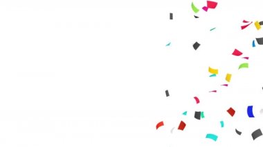 Birçok renkli konfeti beyaz arka planda havada yüzüyor. Parti konsepti. Dikdörtgen kağıt. 3B döngü canlandırması.