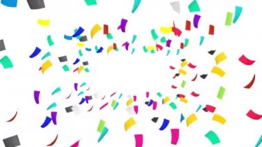 Birçok renkli konfeti beyaz arka planda havada yüzüyor. Parti konsepti. Dikdörtgen kağıt. 3B döngü canlandırması.