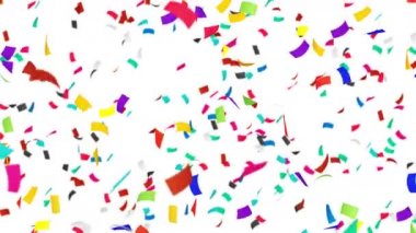 Birçok renkli konfeti beyaz arka planda havada yüzüyor. Parti konsepti. Dikdörtgen kağıt. 3B döngü canlandırması.